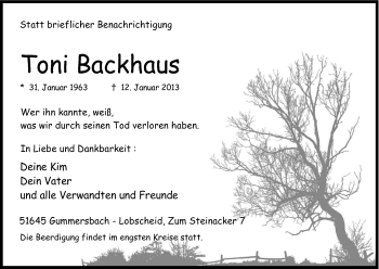 Anzeige von Toni Backhaus von Kölner Stadt-Anzeiger / Kölnische Rundschau / Express