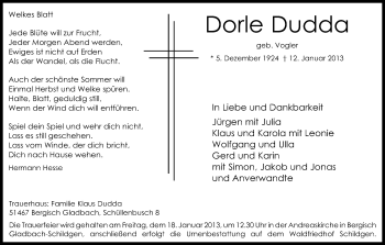 Anzeige von Dorle Dudda von Kölner Stadt-Anzeiger / Kölnische Rundschau / Express