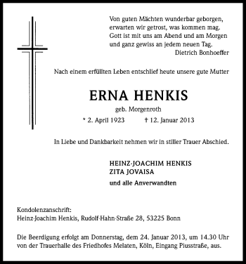 Anzeige von Erna Henkis von Kölner Stadt-Anzeiger / Kölnische Rundschau / Express