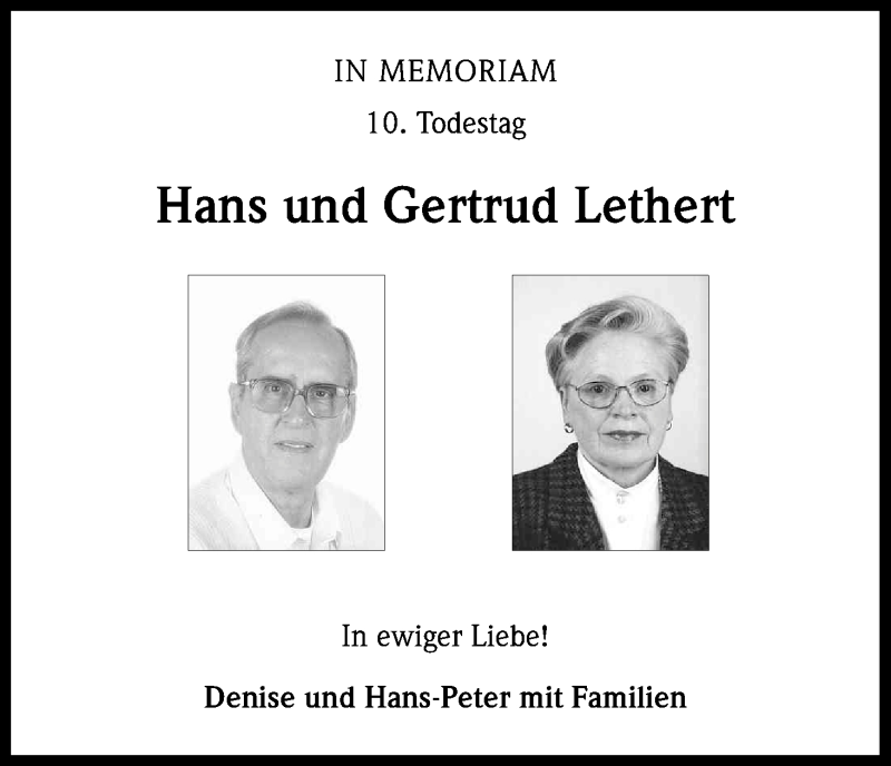  Traueranzeige für Hans und Gertrud Lethert vom 13.02.2013 aus Kölner Stadt-Anzeiger / Kölnische Rundschau / Express