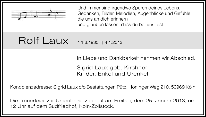  Traueranzeige für Rolf Laux vom 19.01.2013 aus Kölner Stadt-Anzeiger / Kölnische Rundschau / Express