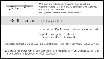 Anzeige von Rolf Laux von Kölner Stadt-Anzeiger / Kölnische Rundschau / Express