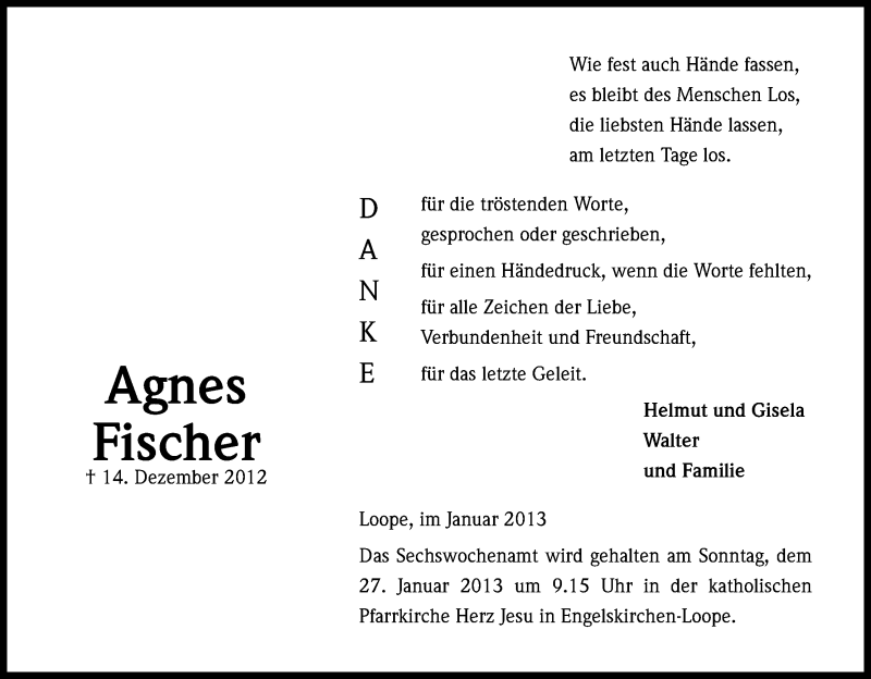  Traueranzeige für Agnes Fischer vom 19.01.2013 aus Kölner Stadt-Anzeiger / Kölnische Rundschau / Express