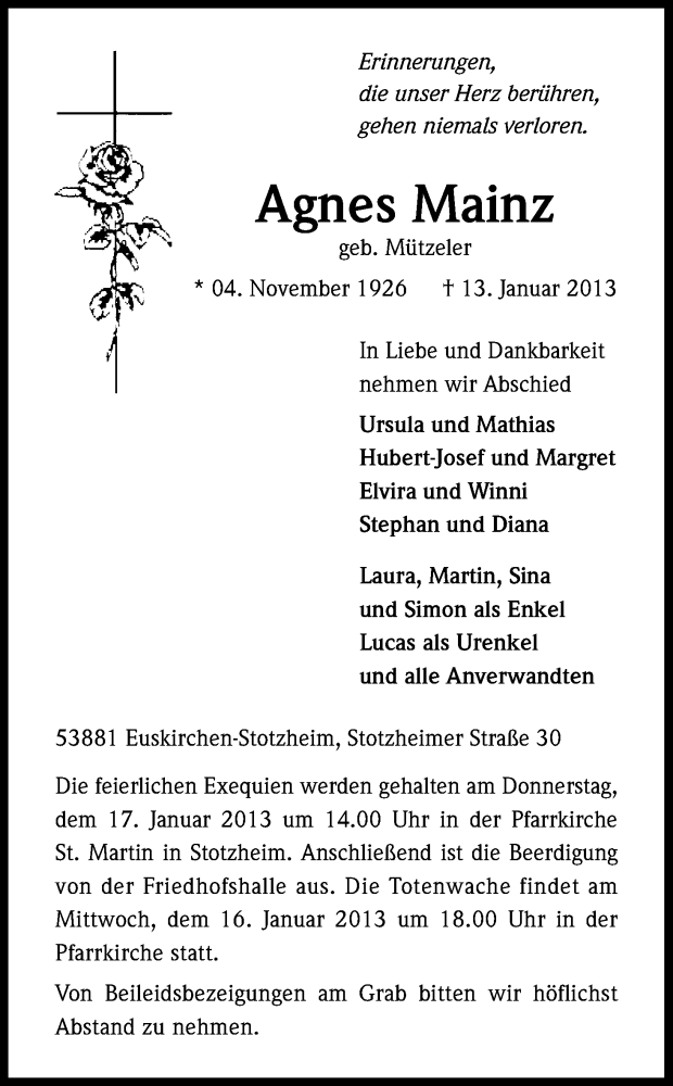  Traueranzeige für Agnes Mainz vom 15.01.2013 aus Kölner Stadt-Anzeiger / Kölnische Rundschau / Express