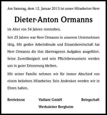 Anzeige von Dieter-Anton Ormanns von Kölner Stadt-Anzeiger / Kölnische Rundschau / Express