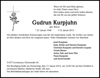 Anzeige von Gudrun Kurpjuhn von Kölner Stadt-Anzeiger / Kölnische Rundschau / Express