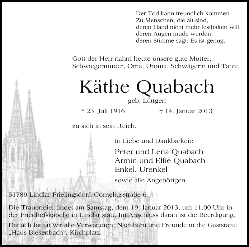  Traueranzeige für Käthe Quabach vom 16.01.2013 aus Kölner Stadt-Anzeiger / Kölnische Rundschau / Express