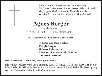 Anzeige von Agnes Borger von Kölner Stadt-Anzeiger / Kölnische Rundschau / Express
