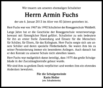 Anzeige von Armin Fuchs von Kölner Stadt-Anzeiger / Kölnische Rundschau / Express