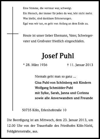 Anzeige von Josef Puhl von Kölner Stadt-Anzeiger / Kölnische Rundschau / Express