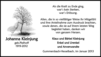 Anzeige von Johanna Kleinjung von Kölner Stadt-Anzeiger / Kölnische Rundschau / Express