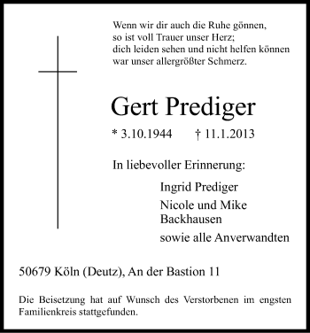 Anzeige von Gert Prediger von Kölner Stadt-Anzeiger / Kölnische Rundschau / Express