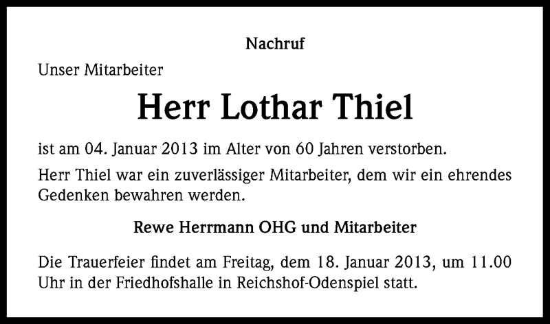  Traueranzeige für Lothar Thiel vom 16.01.2013 aus Kölner Stadt-Anzeiger / Kölnische Rundschau / Express