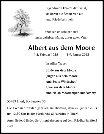 Anzeige von Albert aus dem Moore von Kölner Stadt-Anzeiger / Kölnische Rundschau / Express