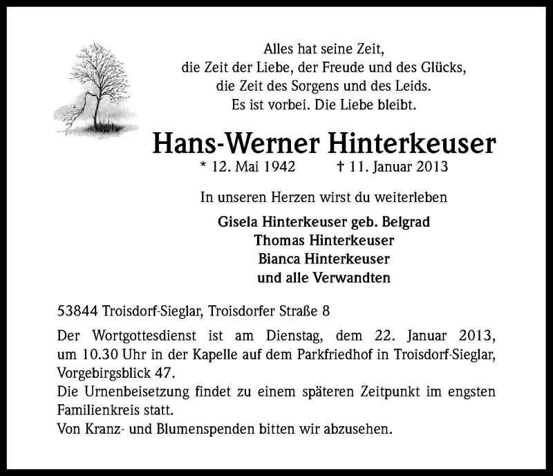  Traueranzeige für Hans Werner Hinterkeuser vom 16.01.2013 aus Kölner Stadt-Anzeiger / Kölnische Rundschau / Express