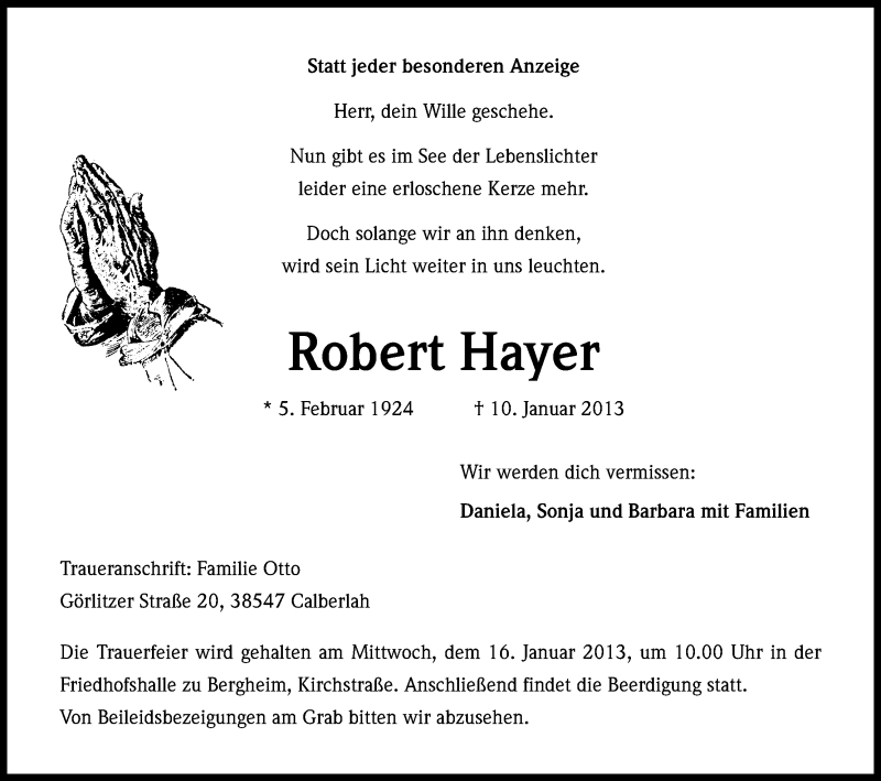  Traueranzeige für Robert Hayer vom 16.01.2013 aus Kölner Stadt-Anzeiger / Kölnische Rundschau / Express
