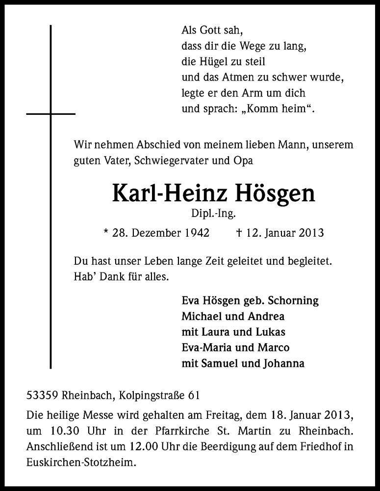  Traueranzeige für Karl-Heinz Hösgen vom 16.01.2013 aus Kölner Stadt-Anzeiger / Kölnische Rundschau / Express