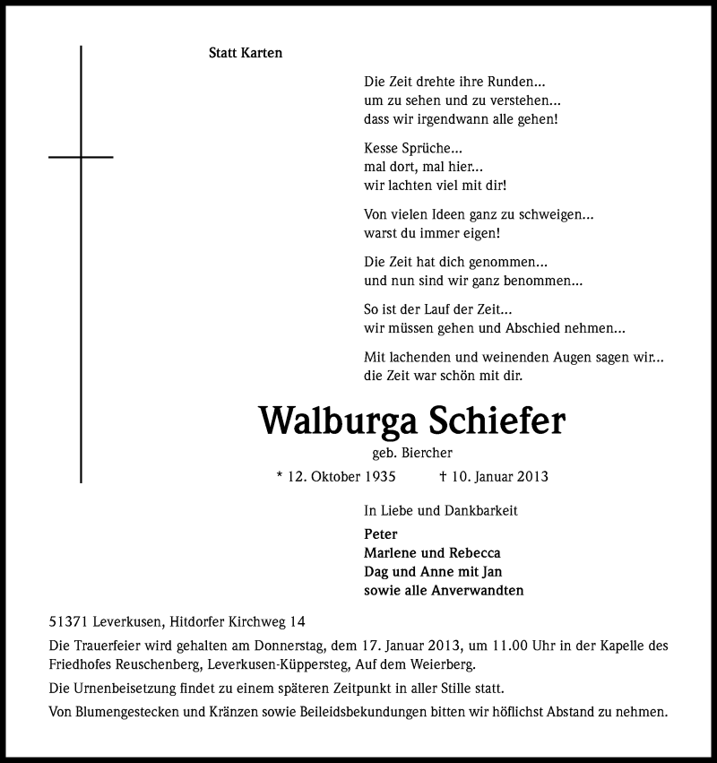  Traueranzeige für Walburga Schiefer vom 16.01.2013 aus Kölner Stadt-Anzeiger / Kölnische Rundschau / Express