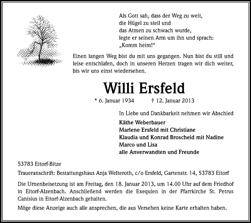  Traueranzeige für Willi Ersfeld vom 16.01.2013 aus Kölner Stadt-Anzeiger / Kölnische Rundschau / Express