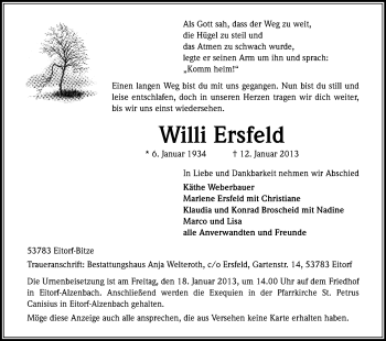 Anzeige von Willi Ersfeld von Kölner Stadt-Anzeiger / Kölnische Rundschau / Express