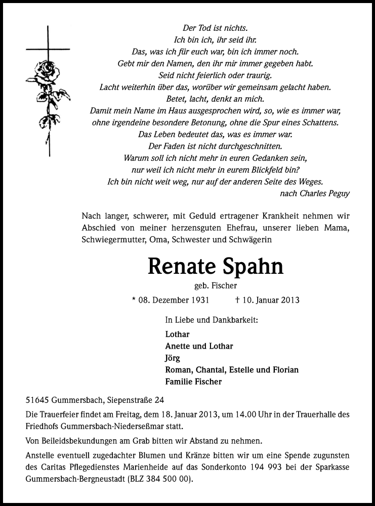  Traueranzeige für Renate Spahn vom 16.01.2013 aus Kölner Stadt-Anzeiger / Kölnische Rundschau / Express