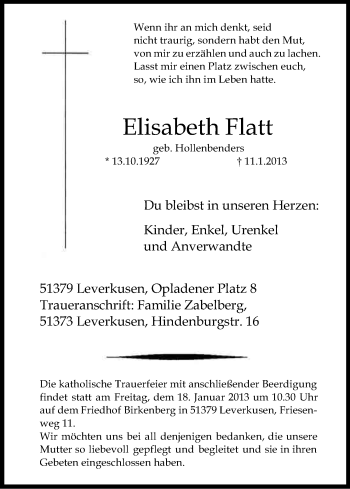 Anzeige von Elisabeth Flatt von Kölner Stadt-Anzeiger / Kölnische Rundschau / Express