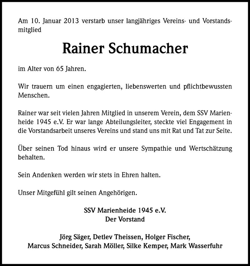  Traueranzeige für Rainer Schumacher vom 16.01.2013 aus Kölner Stadt-Anzeiger / Kölnische Rundschau / Express