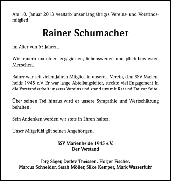 Anzeige von Rainer Schumacher von Kölner Stadt-Anzeiger / Kölnische Rundschau / Express