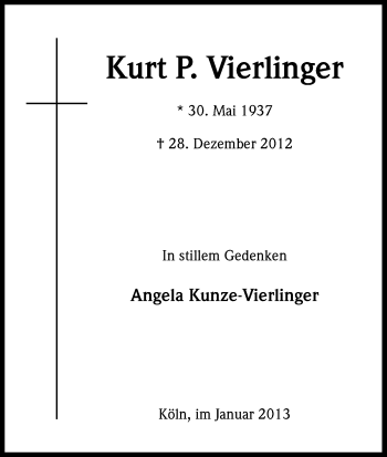 Anzeige von Kurt Vierlinger von Kölner Stadt-Anzeiger / Kölnische Rundschau / Express
