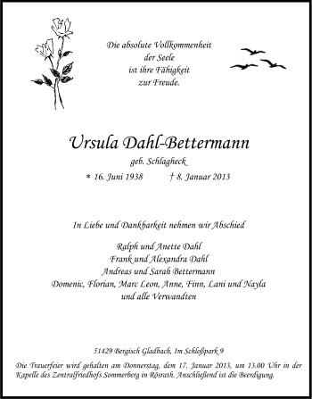 Anzeige von Ursula Dahl-Bettermann von Kölner Stadt-Anzeiger / Kölnische Rundschau / Express