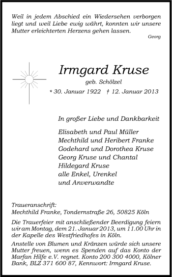 Anzeige von Irmgard Kruse von Kölner Stadt-Anzeiger / Kölnische Rundschau / Express