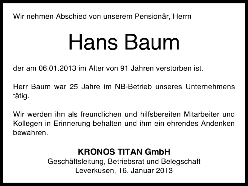 Traueranzeige für Hans Baum vom 16.01.2013 aus Kölner Stadt-Anzeiger / Kölnische Rundschau / Express