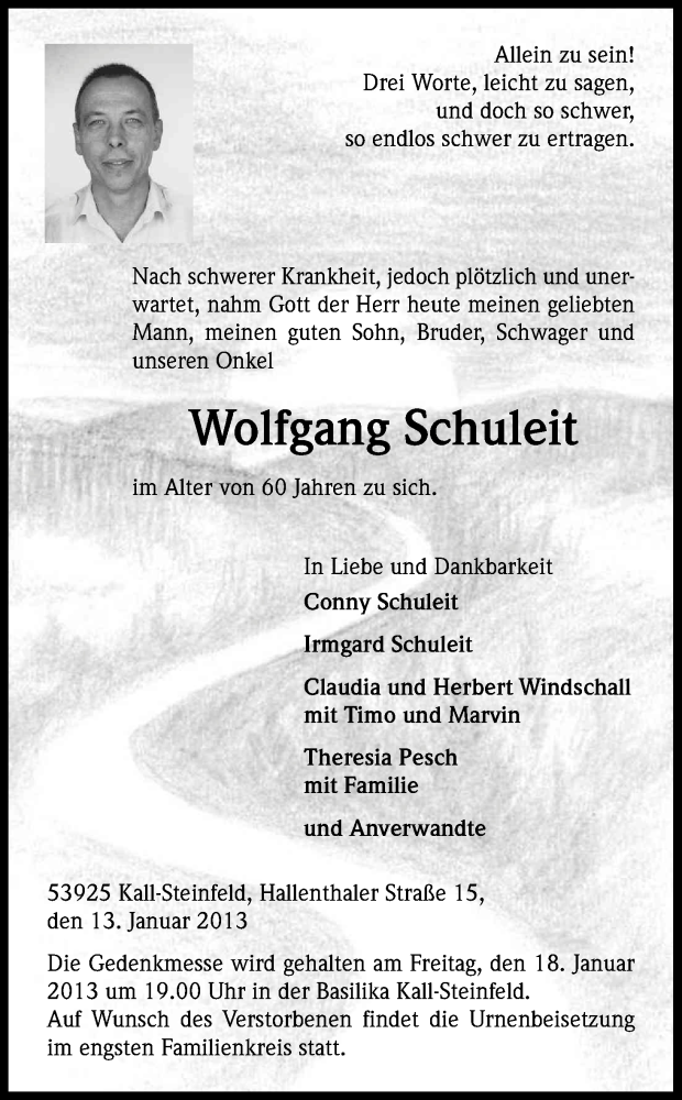  Traueranzeige für Wolfgang Schuleit vom 16.01.2013 aus Kölner Stadt-Anzeiger / Kölnische Rundschau / Express