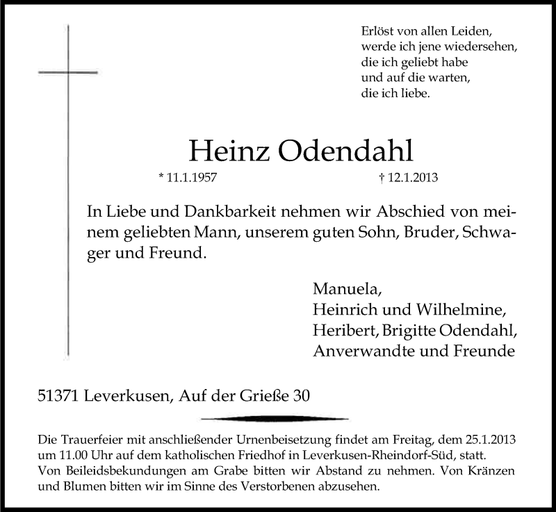  Traueranzeige für Heinz Odendahl vom 19.01.2013 aus Kölner Stadt-Anzeiger / Kölnische Rundschau / Express