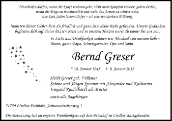 Anzeige von Bernd Greser von Kölner Stadt-Anzeiger / Kölnische Rundschau / Express