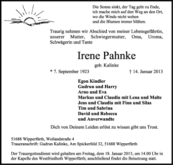 Anzeige von Irene Pahnke von Kölner Stadt-Anzeiger / Kölnische Rundschau / Express