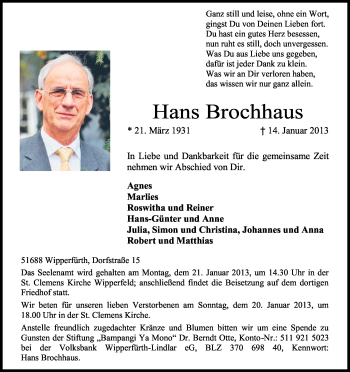 Anzeige von Hans Brochhaus von Kölner Stadt-Anzeiger / Kölnische Rundschau / Express