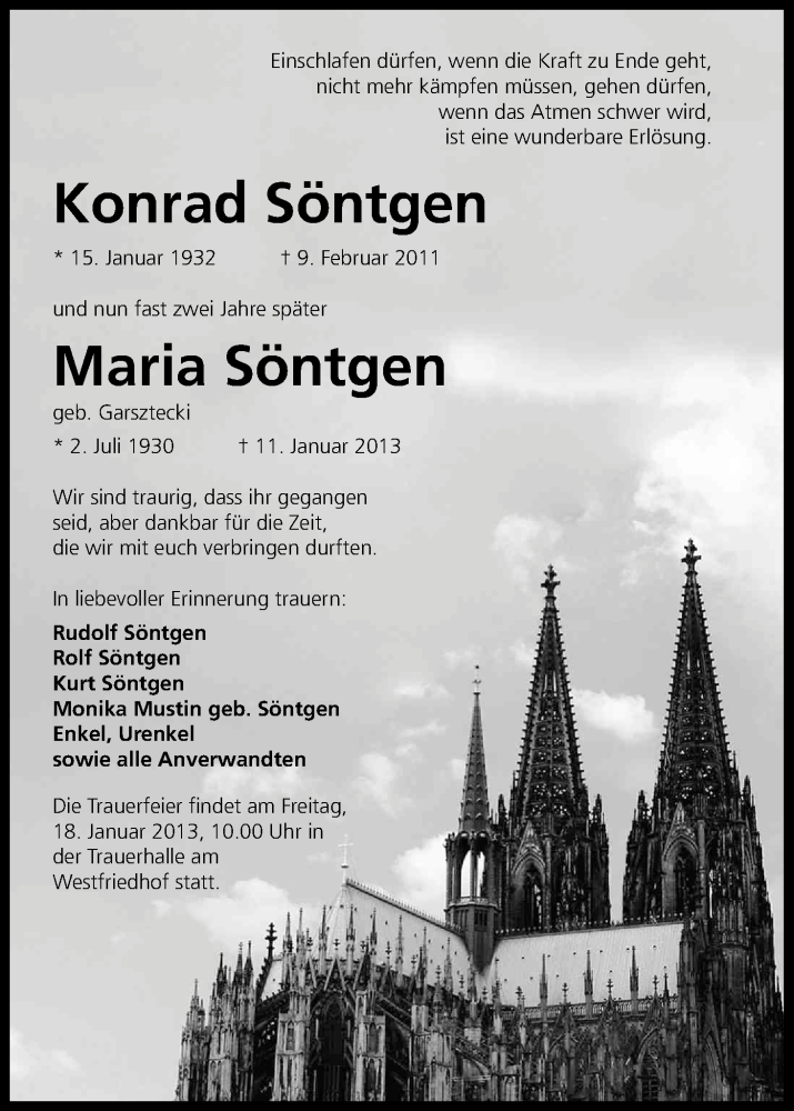  Traueranzeige für Maria  Söntgen vom 16.01.2013 aus Kölner Stadt-Anzeiger / Kölnische Rundschau / Express