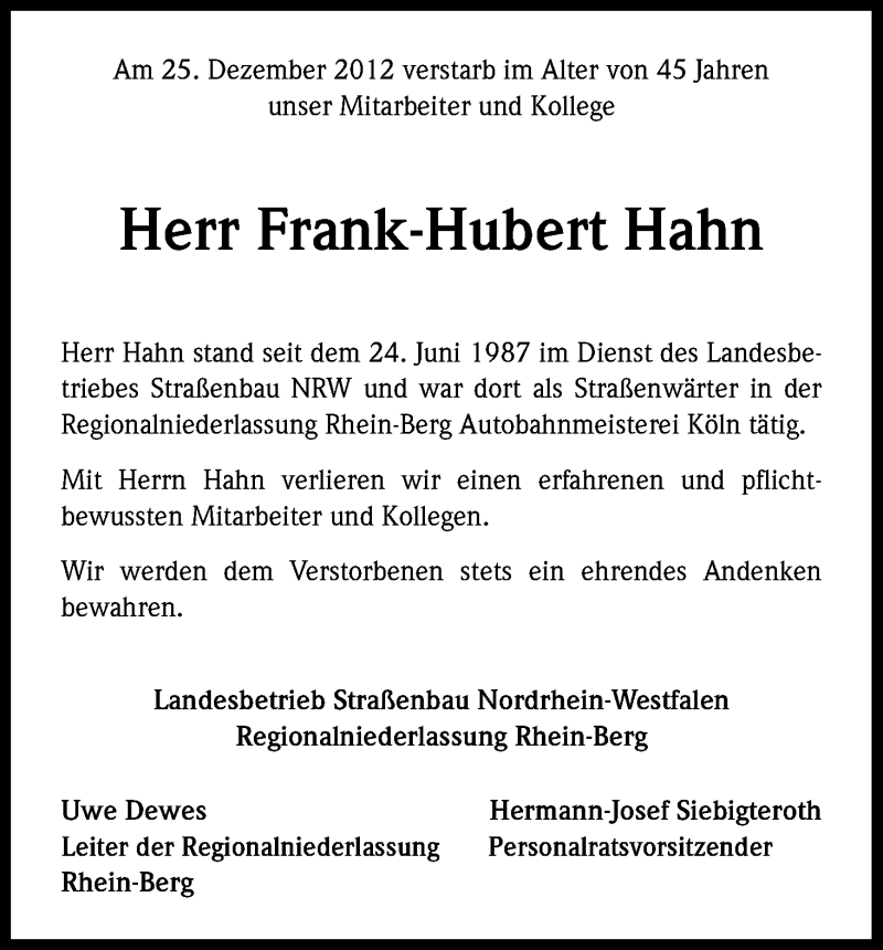  Traueranzeige für Frank-Hubert Hahn vom 16.01.2013 aus Kölner Stadt-Anzeiger / Kölnische Rundschau / Express
