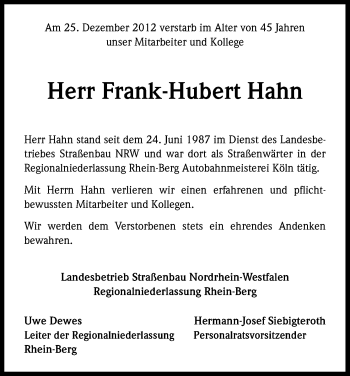 Anzeige von Frank-Hubert Hahn von Kölner Stadt-Anzeiger / Kölnische Rundschau / Express