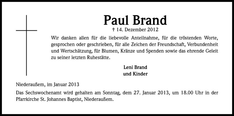  Traueranzeige für Paul Brand vom 19.01.2013 aus Kölner Stadt-Anzeiger / Kölnische Rundschau / Express