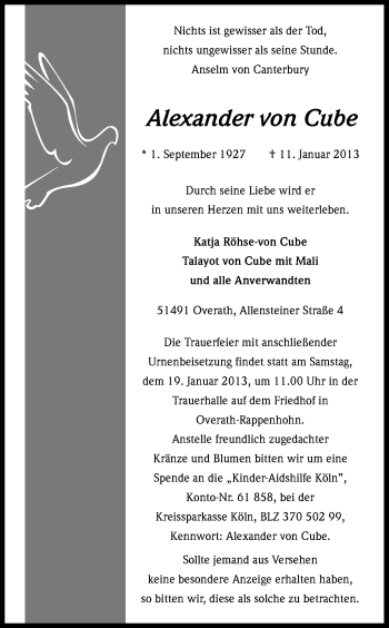 Anzeige von Alexander von Cube von Kölner Stadt-Anzeiger / Kölnische Rundschau / Express