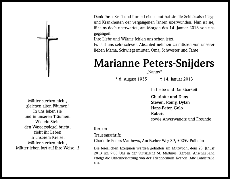  Traueranzeige für Marianne Peters-Snijders vom 19.01.2013 aus Kölner Stadt-Anzeiger / Kölnische Rundschau / Express