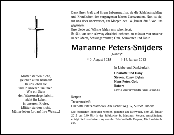 Anzeige von Marianne Peters-Snijders von Kölner Stadt-Anzeiger / Kölnische Rundschau / Express