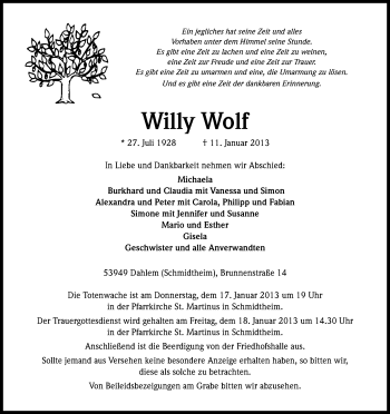 Anzeige von Willy Wolf von Kölner Stadt-Anzeiger / Kölnische Rundschau / Express