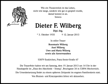 Anzeige von Dieter  Wilberg von Kölner Stadt-Anzeiger / Kölnische Rundschau / Express
