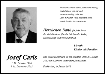Anzeige von Josef Carls von Kölner Stadt-Anzeiger / Kölnische Rundschau / Express