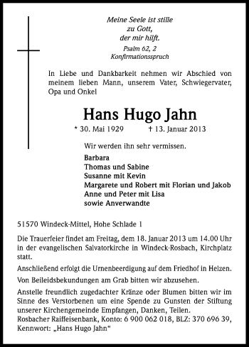 Anzeige von Hans-Hugo Jahn von Kölner Stadt-Anzeiger / Kölnische Rundschau / Express
