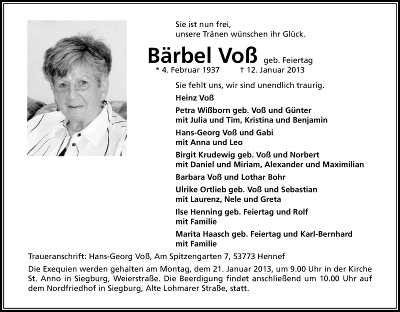  Traueranzeige für Bärbel Voß vom 17.01.2013 aus Kölner Stadt-Anzeiger / Kölnische Rundschau / Express