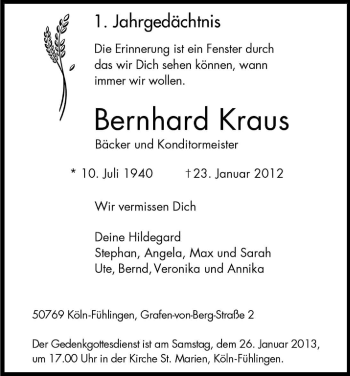 Anzeige von Bernhard Kraus von Kölner Stadt-Anzeiger / Kölnische Rundschau / Express